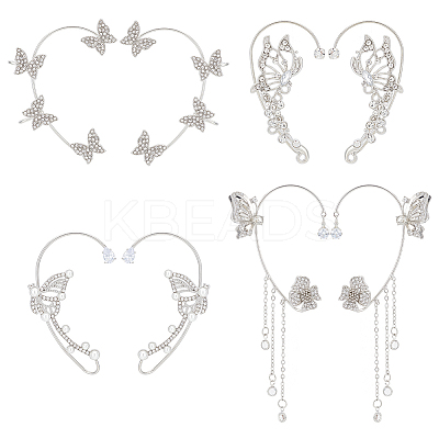4 Pair 4 Style Butterfly Alloy Rhinestone Cuff Earrings EJEW-AN0003-81-1