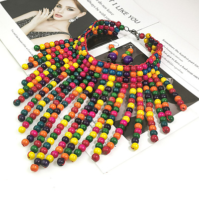 Bohemian Style Wood Round Beaded Pendant Necklaces & Dangle Earrings Sets FS-WG26D1A-01-1