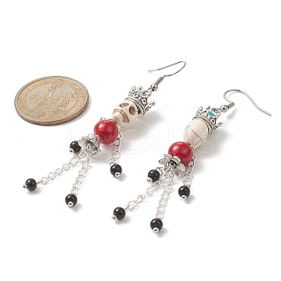 Synthetic Turquoise & Natural Mashan Jade Skeleton Dangle Earrings EJEW-TA00223-1