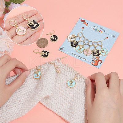 Alloy Enamel Flat Round/Square with Rose Pendant Locking Stitch Markers HJEW-AB00004-1