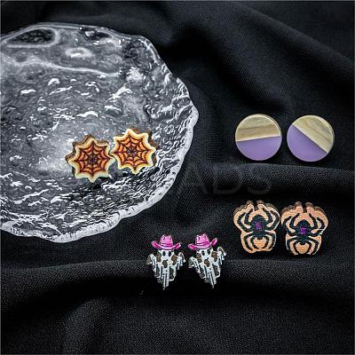 Halloween Spider Ghost Spider Web Wood Stud Earring Sets EJEW-OY002-02-1
