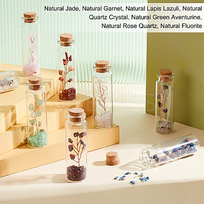 7Pcs 7 Style Natural Jade & Garnet & Lapis Lazuli & Quartz Crystal & Green Aventurine & Rose Quartz & Fluorite Chips Bonsai Tree in Column Glass Wish Bottles AJEW-OC0004-43-1