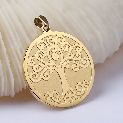 Flat Round with Tree of Life Ion Plating(IP) 201 Stainless Steel Pendants STAS-I040-06B-1-1