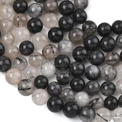 Natural Tourmalinated Quartz/Black Rutilated Quartz Beads Strands G-D361-01A-8-9mm-1