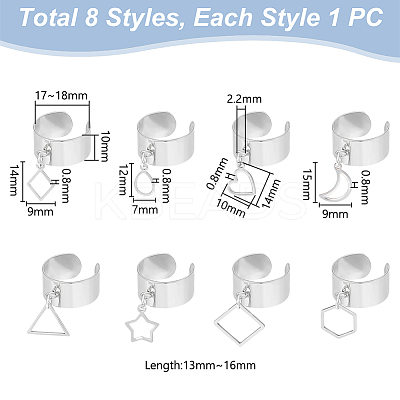 8Pcs 8 Style 304 Stainless Steel Open Cuff Rings Set RJEW-AB00012-1