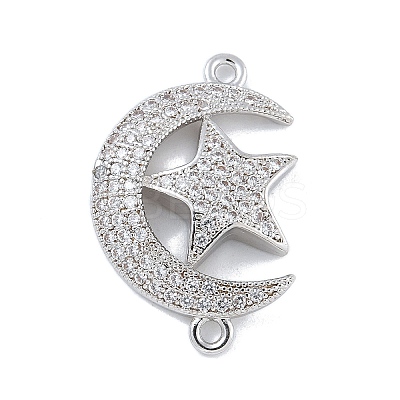 Rack Plating Brass Micro Pave Clear Cubic Zirconia Moon with Star Connector Charms KK-A234-056P-1