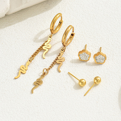 3 Pairs Stainless Steel Flower & Snake & Round Earrings Set KI8998-1