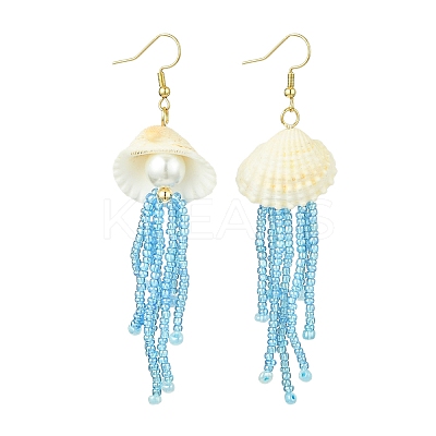 Natural Clam Shell Imitation Pearl Dangle Earrings EJEW-MZ00231-02-1