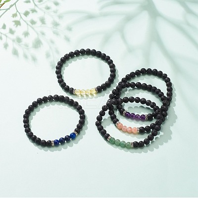 Gemstone & Natural Lava Rock Round Beaded Stretch Bracelet BJEW-JB08468-1
