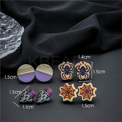 Halloween Spider Ghost Spider Web Wood Stud Earring Sets EJEW-OY002-02-1