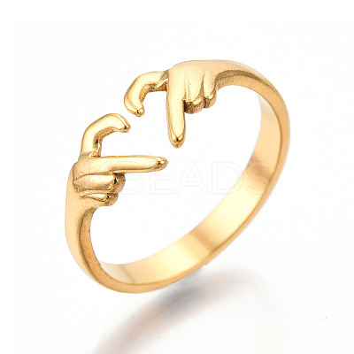 Ion Plating(IP) 304 Stainless Steel Hand Heart Cuff Rings X-RJEW-N038-121LG-1