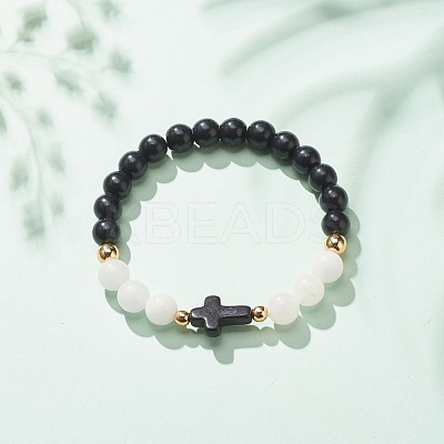 Natural White Jade & Synthetic Turquoise(Dyed) Stretch Bracelet with Cross BJEW-JB08295-01-1