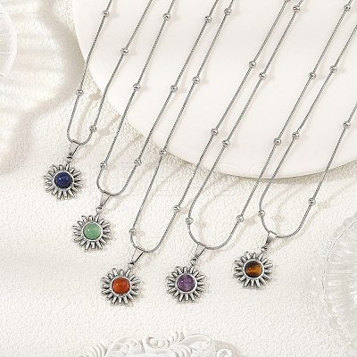 Natural Mixed Stone 304 Stainless Steel Sun Pendant Satellite Chain Necklaces NJEW-JN06501-1