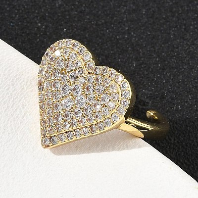 Heart Brass Micro Pave Cubic Zirconia Cuff Rings for Women RJEW-A069-12G-02-1