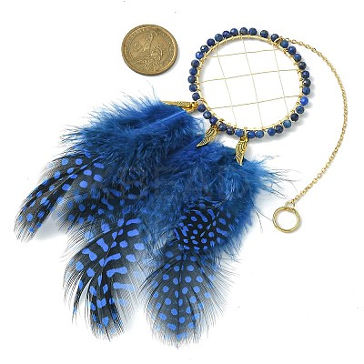 Natural Lapis Lazuli Woven Net/Web with Feather Wall Hanging Decoration HJEW-JM01222-03-1