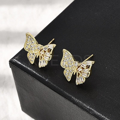 Brass Clear Cubic Zirconia Butterfly Stud Earrings EJEW-L261-029C-G-1