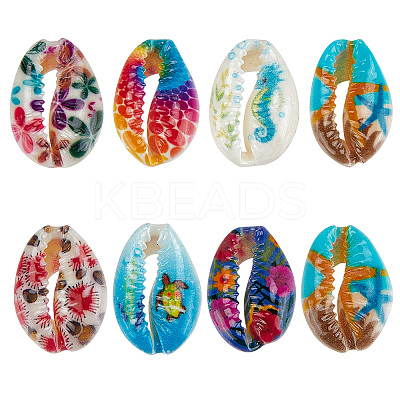 48Pcs 7 Styles Printed Natural Cowrie Shell Beads Sets SSHEL-NB0001-41-1