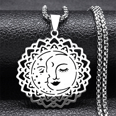 201 Stainless Steel Hollow Moon Star Flower Pendant Necklaces for Women LS-NJEW-K283-35P-1