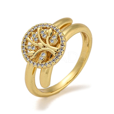 Flat Round with Tree of Life Brass Micro Pave Clear Cubic Zirconia Double Rings RJEW-Z050-23G-1