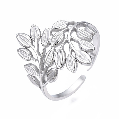 Non-Tarnish 304 Stainless Steel Leaf Open Cuff Ring RJEW-T023-56P-1