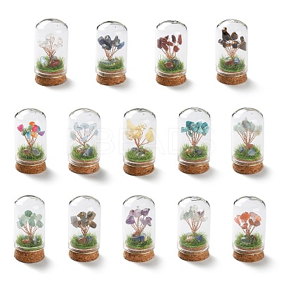 Natural Mixed Gemstone Chips Money Tree in Dome Glass Bell Jars with Wood Base Display Decorations DJEW-K030-02-1