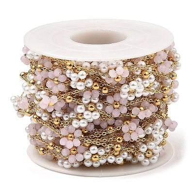 Glass & ABS Plastic Pearl Beaded Flower Link Chains CHS-G028-12G-1