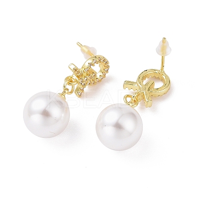 Clear Cubic Zirconia Knot with Plastic Pearl Dangle Earrings KK-E033-15G-1