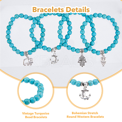 8Pcs 8 Style Synthetic Turquoise Round Beaded Stretch Bracelets Set with Alloy Charms BJEW-FI0001-83-1
