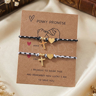 Adjustable Stainless Steel Religion Cross Heart Charm Friendship Braided Cord Bracelet Sets OA0130-2-1