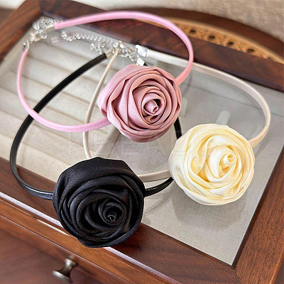 1Pc Fabric French Rose Flower Pendant PU Leather Choker Women's Necklaces NJEW-CL0001-06B-1