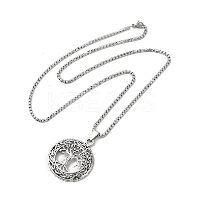 Alloy Tree of Life Pandant Necklace with Stainless Steel Box Chains LS-NJEW-K245-007-1