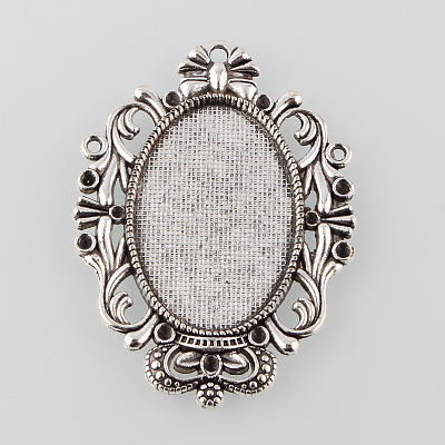 Tibetan Style Antique Silver Alloy Flat Oval Pendant Cabochon Settings TIBEP-M022-51AS-1