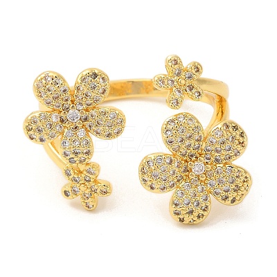 Flower Brass Micro Pave Clear Cubic Zirconia Open Cuff Rings RJEW-U008-33G-1