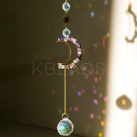 Natural Fluorite Chip Moon Pendant Hanging Ornaments G-PW0007-092G-1