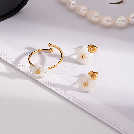 Fashion Stainless Steel Flower Cuff Rings & Stud Earrings Sets for Women WL9140-1-1