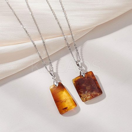 Natural Amber Rectangle Pendant 304 Stainless Steel Satellite Chain Necklaces NJEW-JN05981-01-1