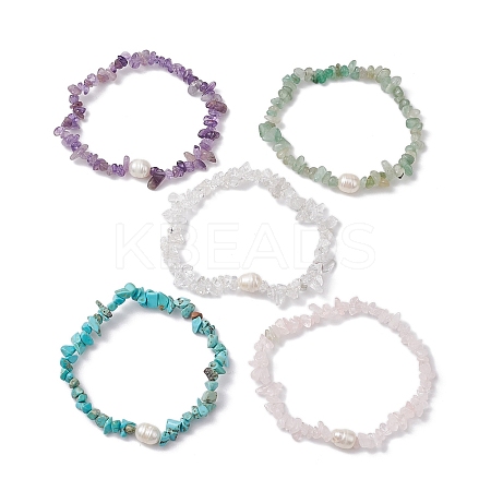 5Pcs 5 Styles Natural Rose Quartz & Quartz Crystal & Howlite & Green Aventurine & Amethyst Chip Beaded Stretch Bracelets for Women BJEW-JB10935-1