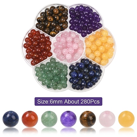 280Pcs 7 Styles Natural Green Aventurine & Lapis Lazuli & Rose Quartz & Carnelian & Tiger Eye &  Malaysia Jade & Yellow Jade Round Beads G-YW0002-61C-1