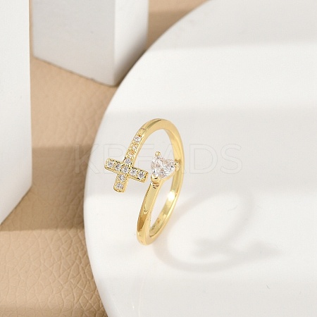 Rack Plating Cross & Heart Brass Micro Pave Cubic Zirconia Cuff Rings for Women RJEW-M028-63G-1