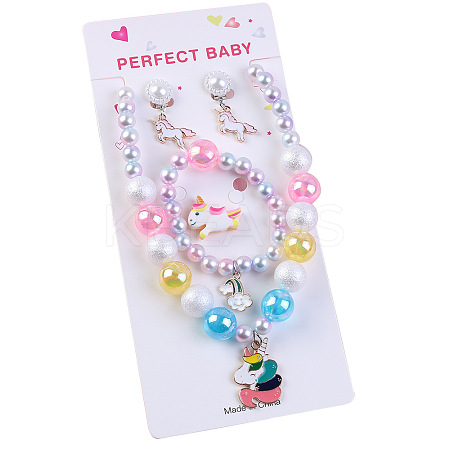 Cute Unicorn Alloy Plastic Children's Beaded Necklace & Bracelet & Cuff Ring & Clip-on Earring Jewelry Sets for Girl's FS-WGF4311-02-1