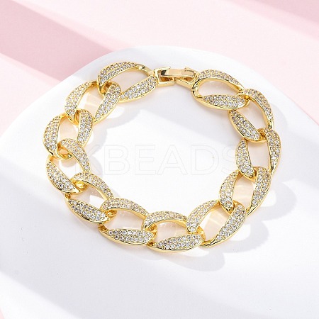 Brass Micro Pave Clear Cubic Zirconia Curb Chain Bracelets for Women BJEW-A034-04B-G-1