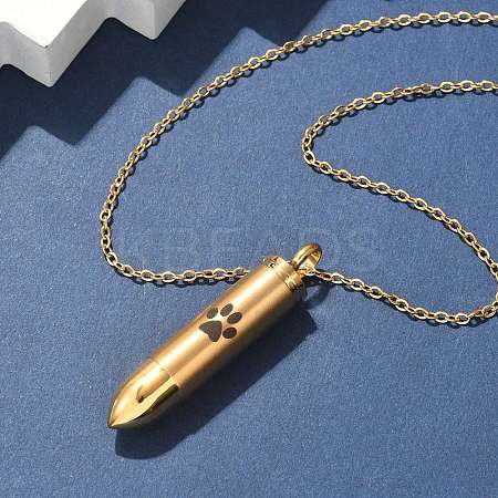 304 Stainless Steel Paw Print Bullet Shape Pet Memorial Keepsake Urn Ashes Pendant Necklaces NJEW-P326-03G-1