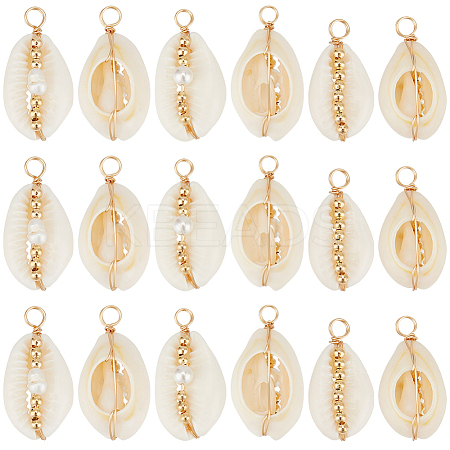 30Pcs 3 Styles Natural Cowrie Shell Copper Wire Wrapped Pendants FIND-BBC0001-76-1