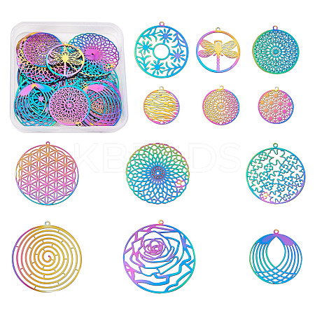 48Pcs 12 Style 201 Stainless Steel Filigree Pendants STAS-FW0001-15-1
