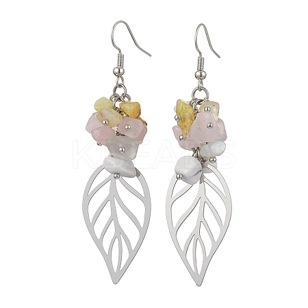 Leaf 201 Stainless Steel Natural Rose Quartz & Natural Howlite & Natural White Moonstone & Natural Yellow Opal Chip Dangle Earrings EJEW-JE06138-01-1