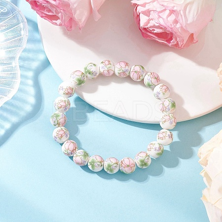 Handmade Flower Printed Porcelain Ceramic Round Beads Stretch Bracelets for Women BJEW-JB12091-02-1