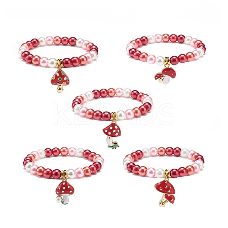 Red Glass Pearl Beaded Stretch Bracelet with Alloy Enamel Mushroom Charm for Women BJEW-JB08711-1