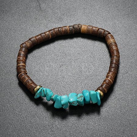 Synthetic Turquoise Chips & Coconut Disc Beaded Stretch Bracelets PW-WG68238-01-1