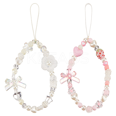 2Pcs 2 Style Resin Beaded Mobile Phone Lanyard Wrist Strap HJEW-GF0001-36-1