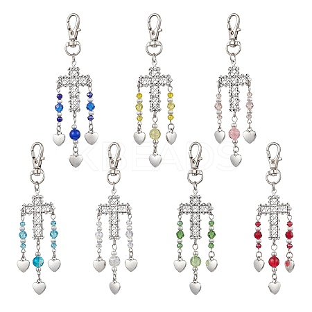 7Pcs Alloy Cross & Heart Pendant Decorations HJEW-JM02536-1